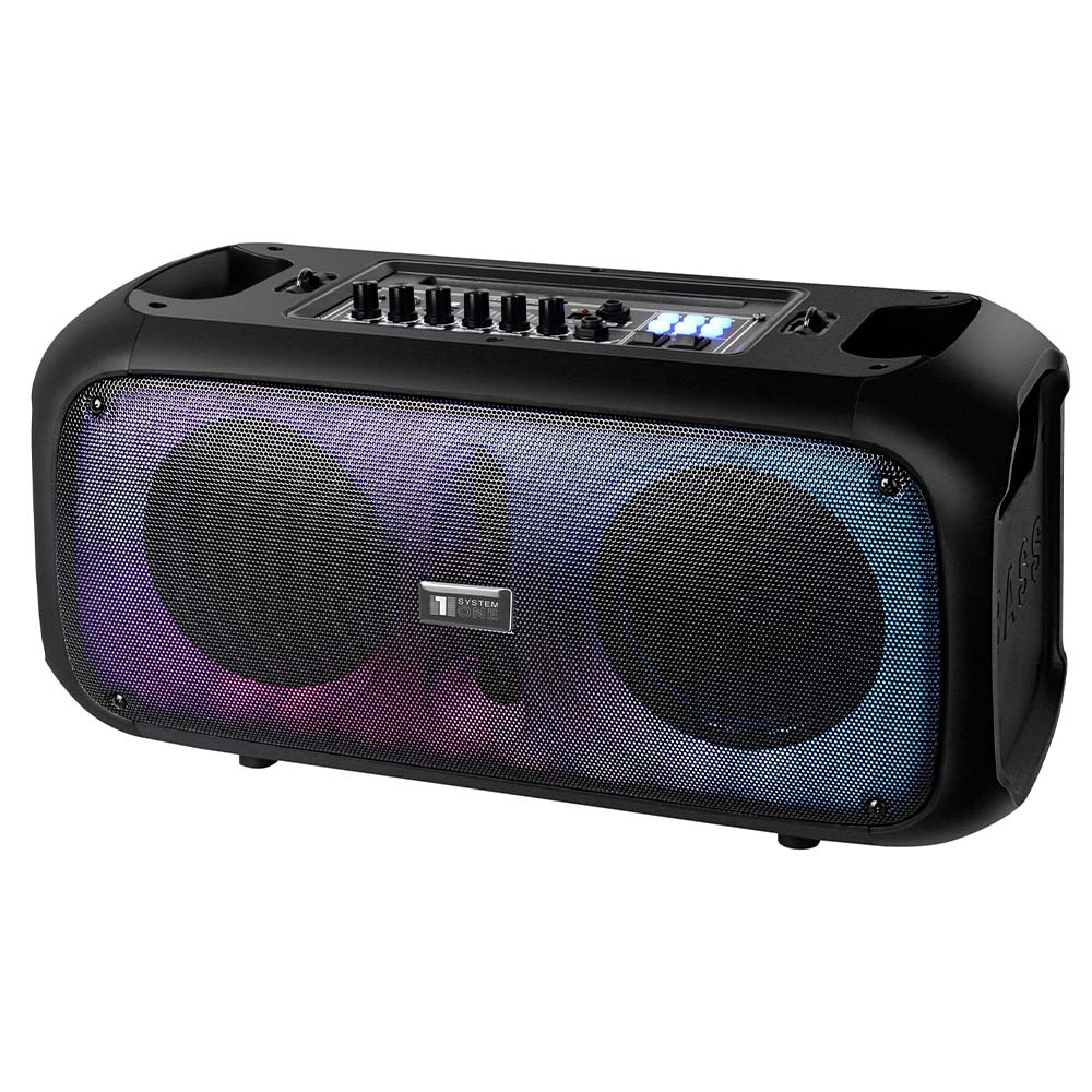 Bärbar partyhögtalare med två stora högtalare och ljuseffekter.