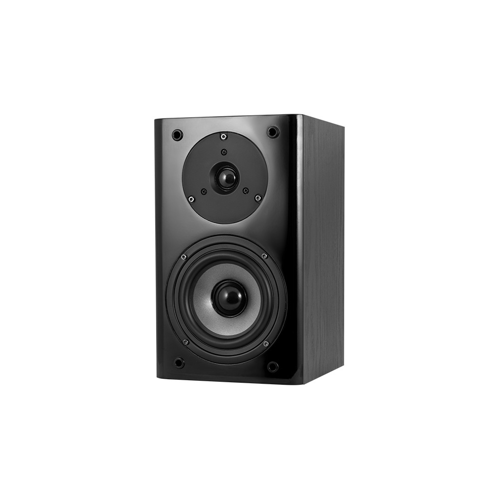 Svart stativhögtalare med två högtalarelement för ljudåtergivning.