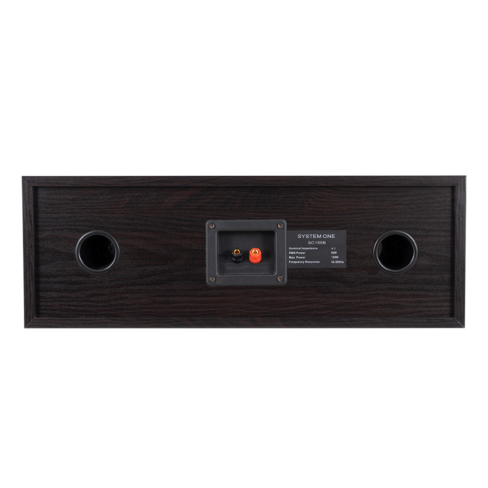 Centerhögtalare i svart med två basreflexer och anslutningsuttag på baksidan.