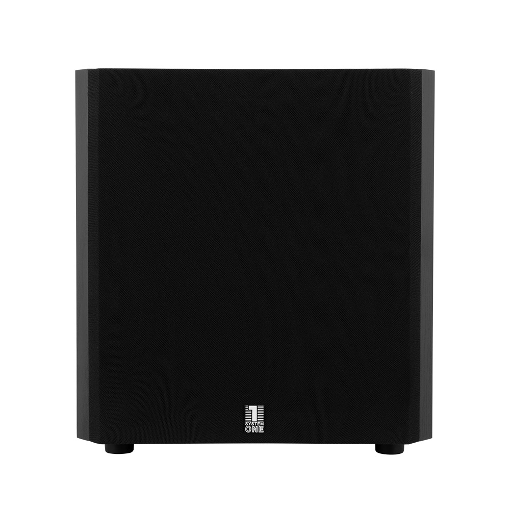 Svart aktiv subwoofer med fyrkantig design och rundade hörn.