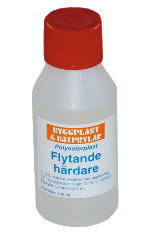 Flaska med flytande härdare för polyesterplast, 100 ml. Röd kork.