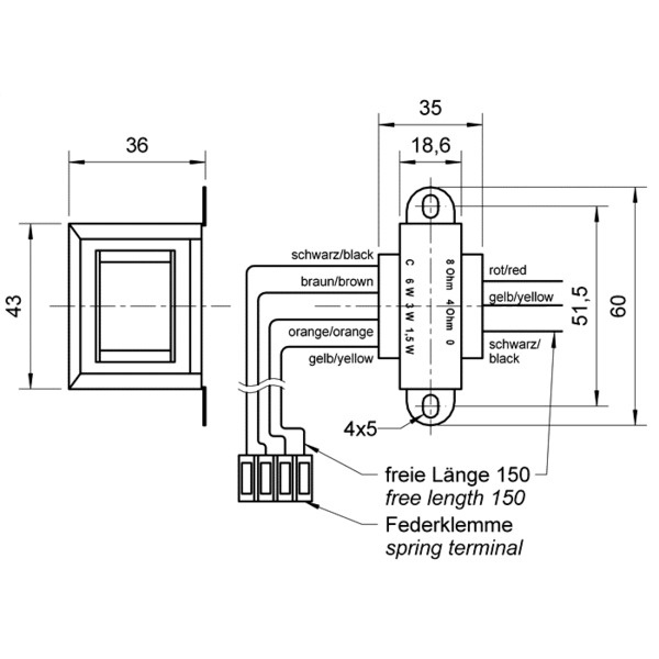 Skiss med mått och kopplingsschema för Visaton TR 6.8 transformator.