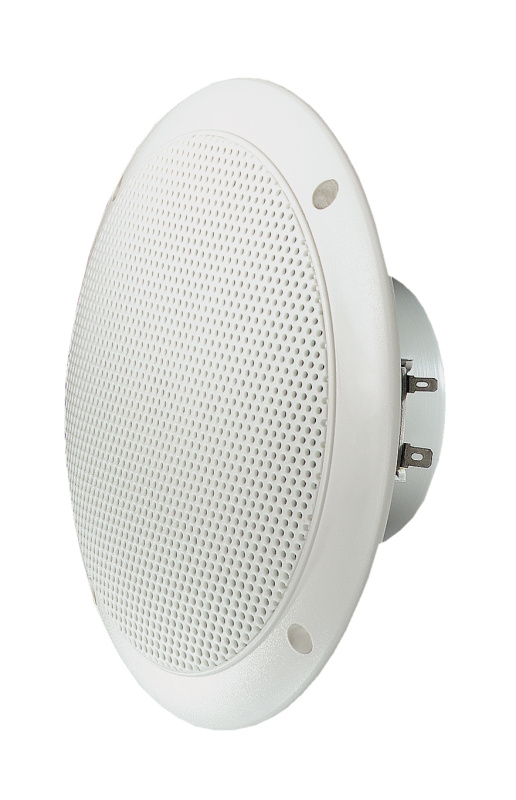 Marinhögtalare i vitt med rund design och perforerat galler.