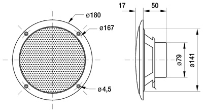 Schematic drawing av Visaton FR16WP marinhögtalare med mått och detaljer.