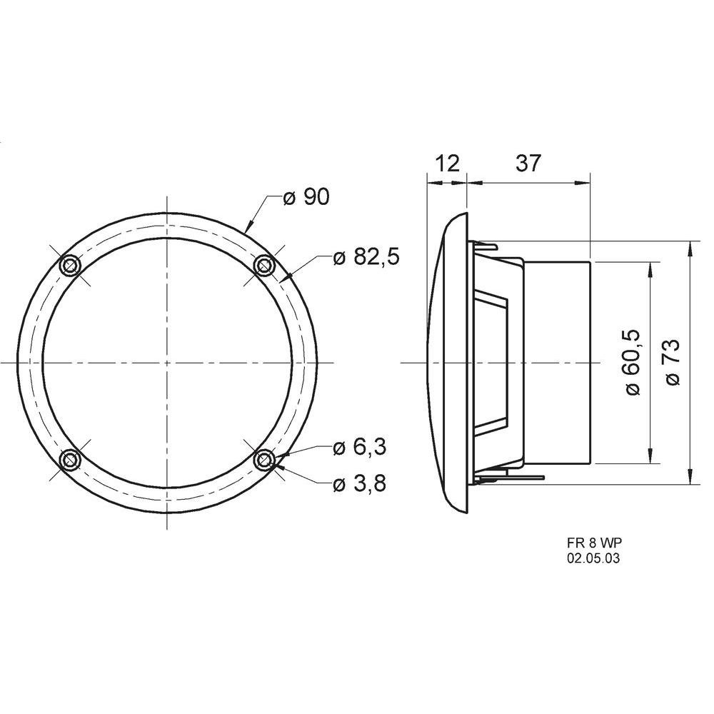Detaljerad ritning av Visaton FR8WP marinhögtalare med mått och specifikationer.