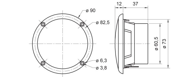 Teknisk ritning av Visaton FR8WP marinhögtalare med mått och detaljer.