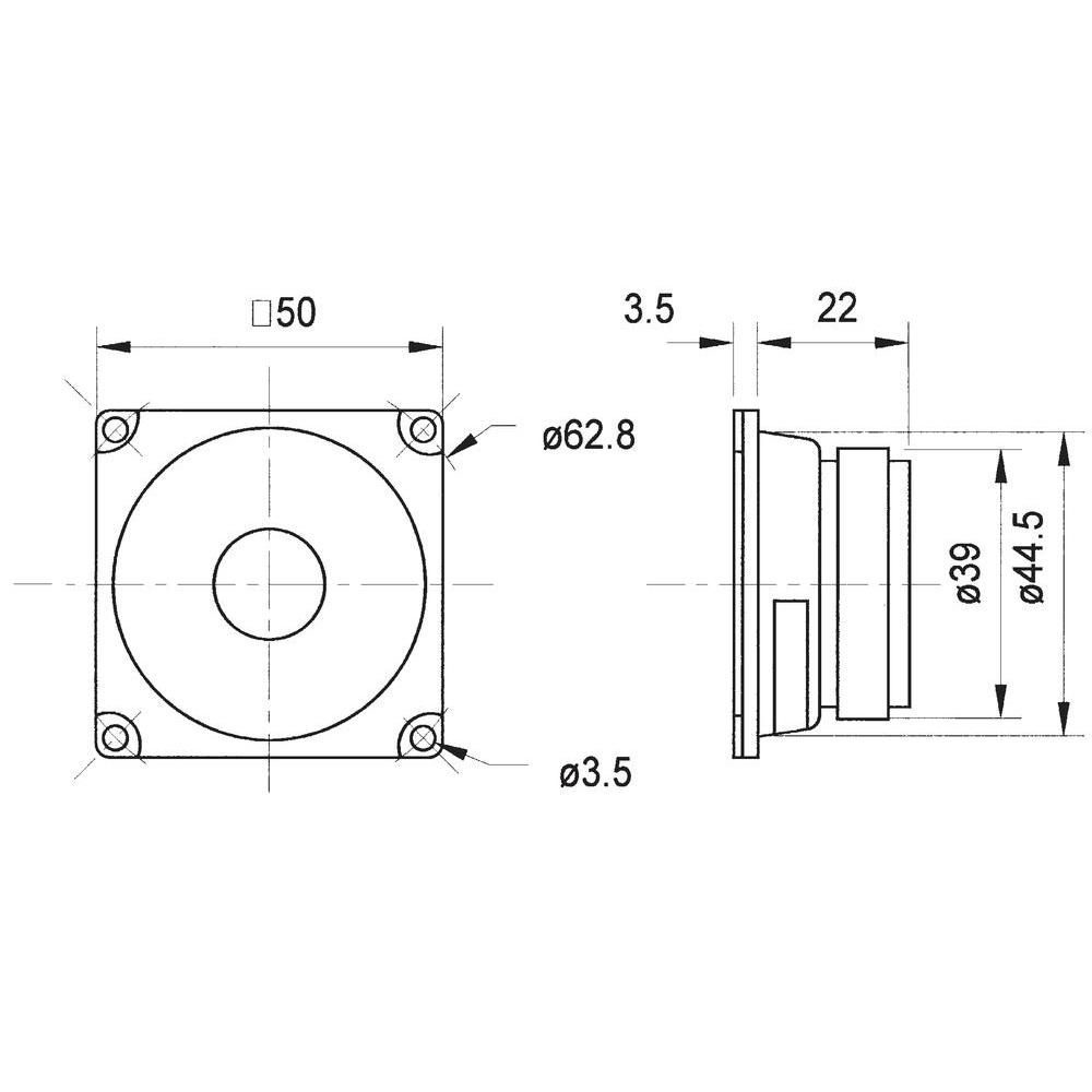 En teknisk ritning av en högtalare med mått och specifikationer.