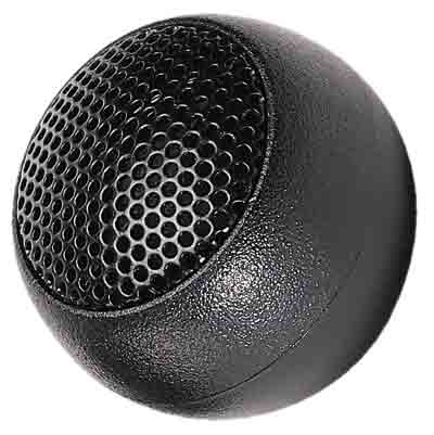 En rund svart högtalare med perforerad front.