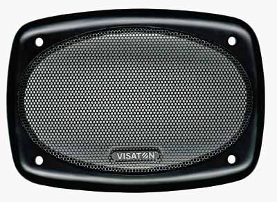 Högtalargaller i svart metall med oval form och nätstruktur.