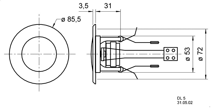 Illustration av mått och design för Visaton DL5 inbyggnadshögtalare.