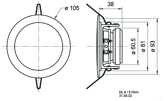 Inbyggnadshögtalare med mått och dimensionsskisser.