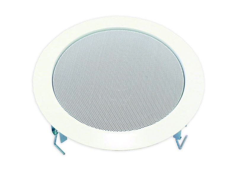En rund inbyggnadshögtalare med vit ram och metallgaller.