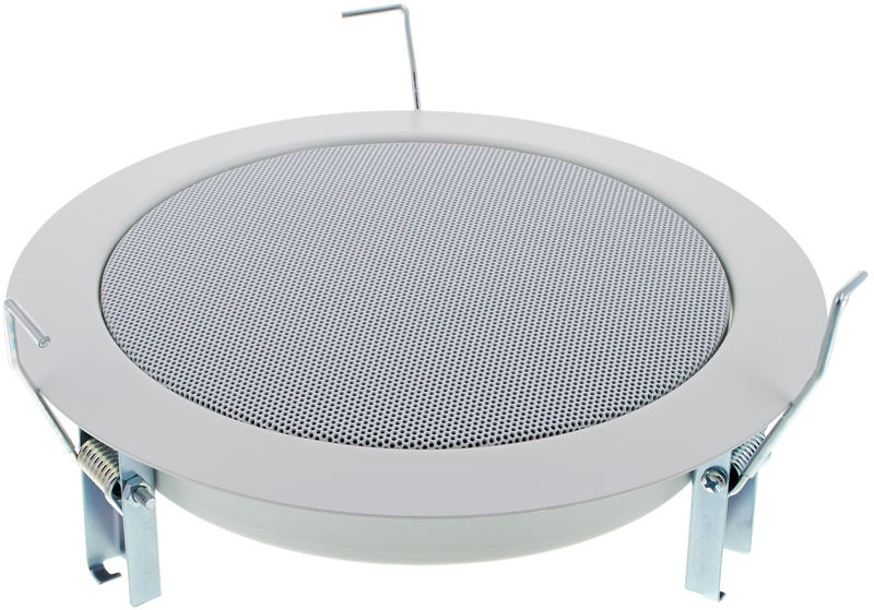 Takhögtalare med rund design och galler, avsedd för installation i taket.