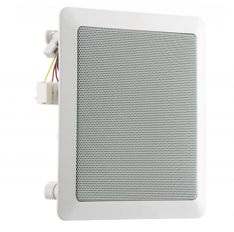 Inbyggnadshögtalare med vit ram och perforerat galler.