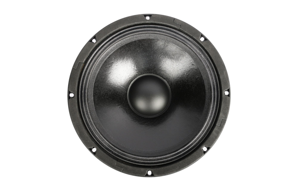 En svart 12-tums midbas högtalare med konus och ram.