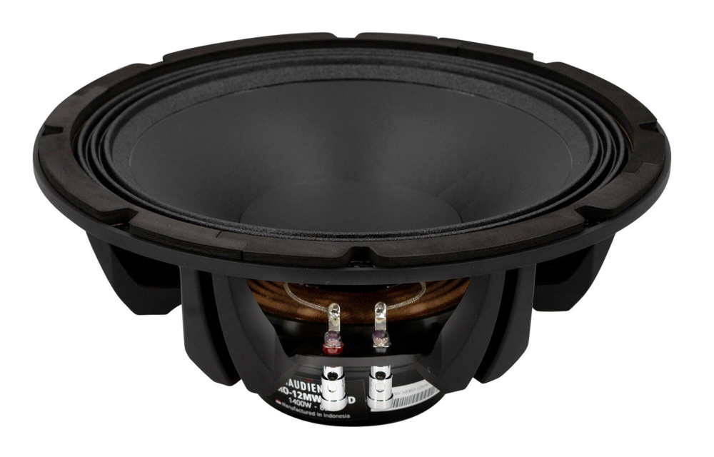 En svart högtalare med en stor kon och anslutningar.