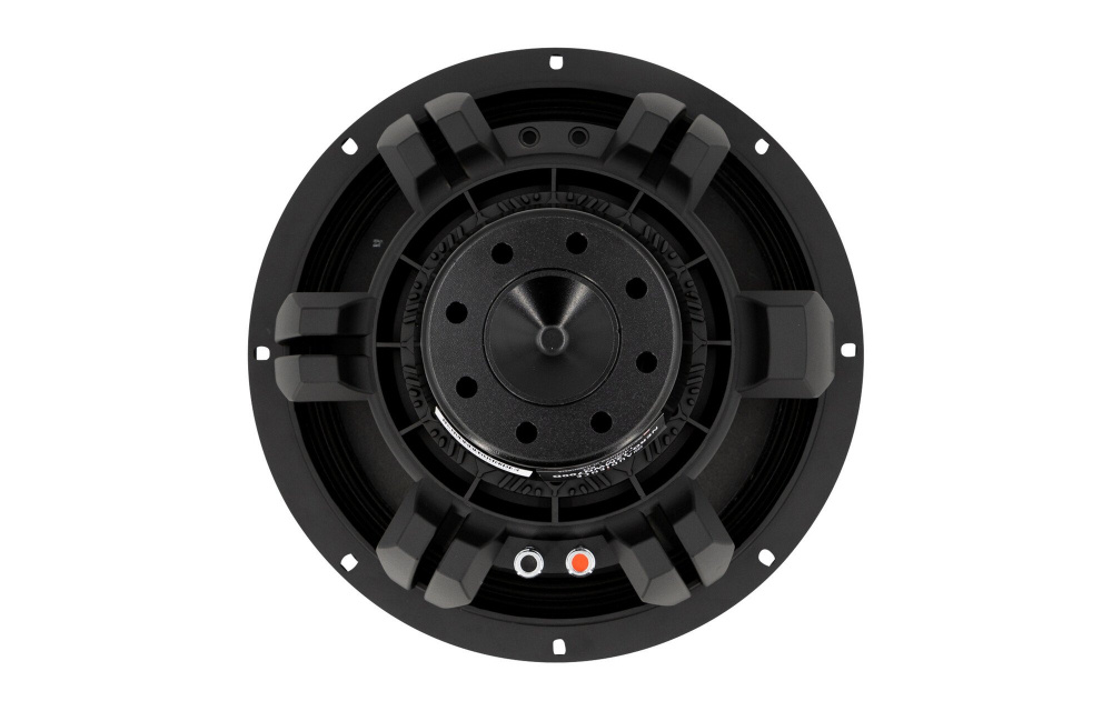En svart 12-tums midbas högtalare med runda detaljer och anslutningar.