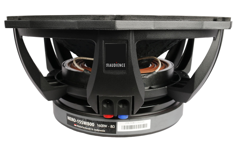 En svart högtalare med kraftfull design och två stora element.