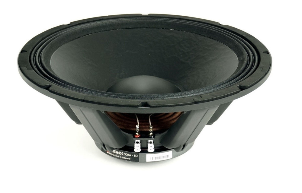 Ett 18-tums PA-baselement med svart kon och anslutningar.