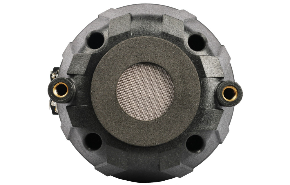 Kompressionsdriver med svart och grå design, rund form och tydlig membranöppning.