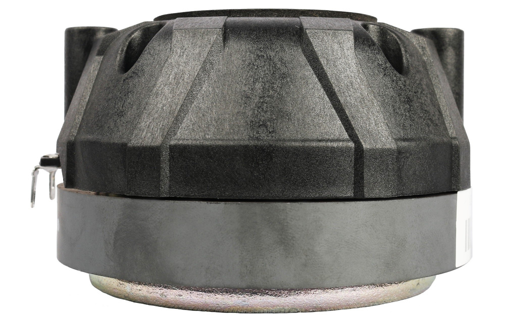 Kompressionsdriver med svart och metallisk design, för ljudåtergivning.