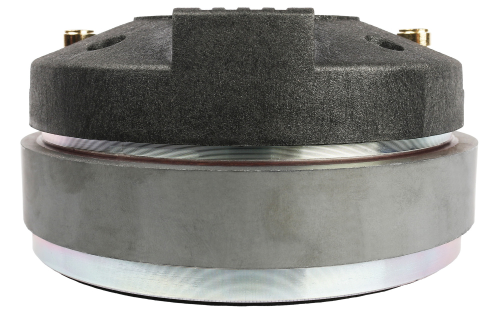 En kompressionsdriver med lågprofil och metallram för ljudsystem.