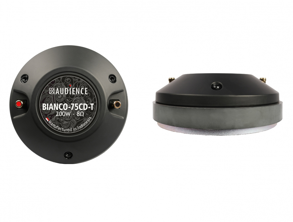 Kompressionsdriver med svart och silverfärgad design, märkning Bianco-75CD-T.