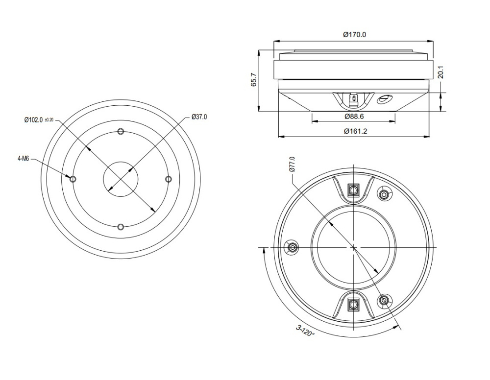 Teknisk ritning av kompressionsdriver, SB Audience Bianco-75CD-T. Mått och detaljer.
