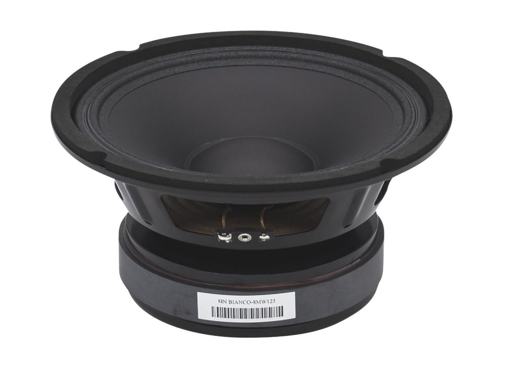 En svart 8-tums midbas med en rund membran och kopplingspunkter.