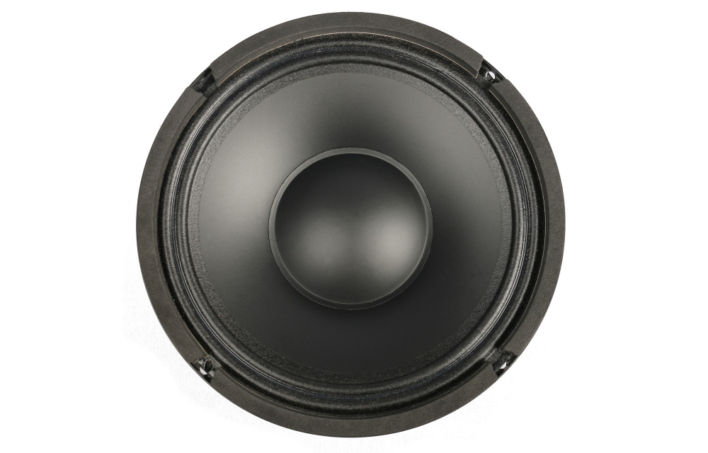 En 8-tums midbas högtalare med svart membran och robust ram.