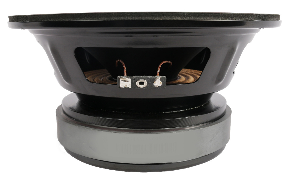 En svart 8-tums midbas med synlig talspole och upphängning.