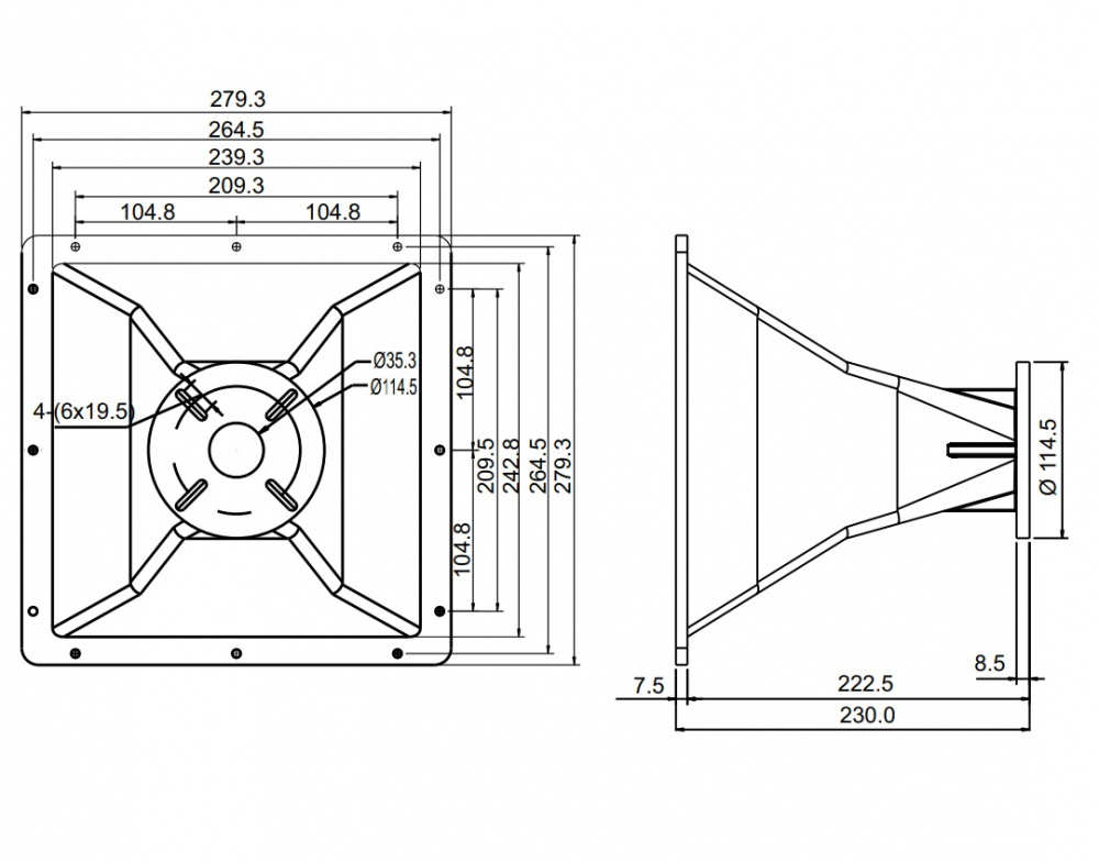 En teknisk ritning av horn för kompressionsdrivare med mått och detaljer.