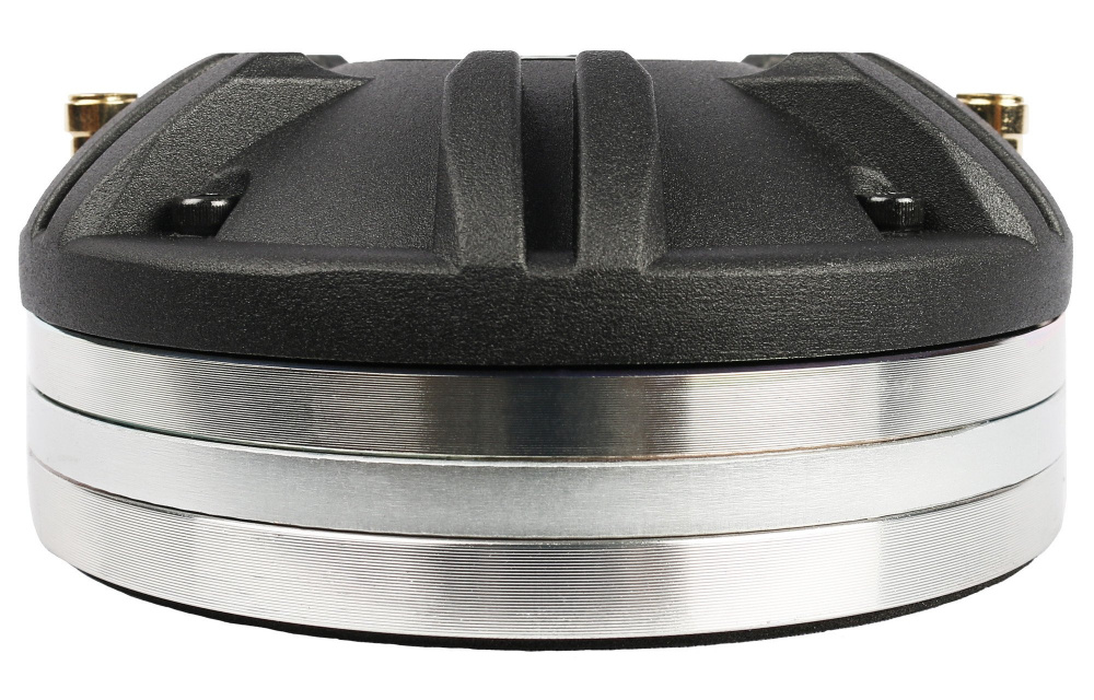 En rund disk med svart yta och silverdetaljer, troligen en högtalardrivrutin.