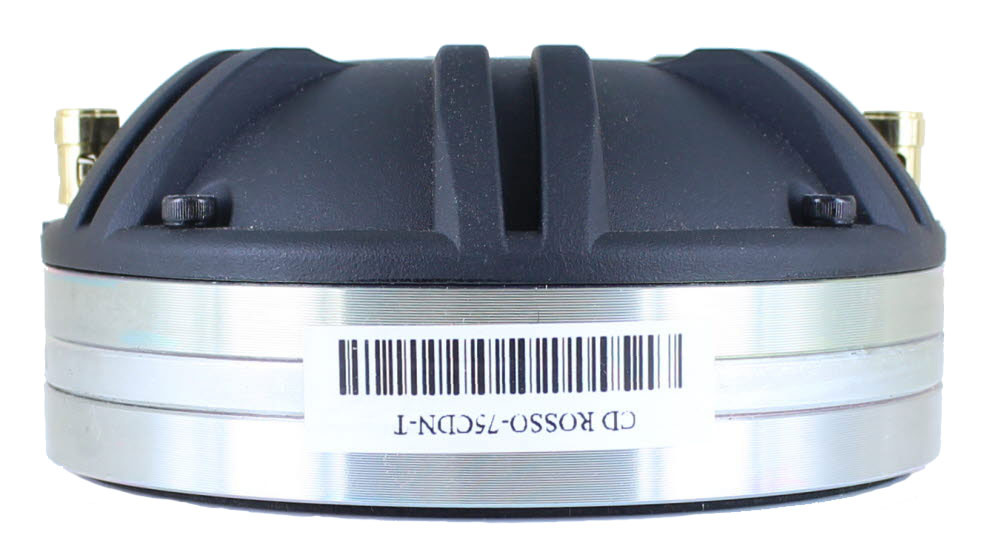 En rund diskret högtalardrivare med metallisk kant.