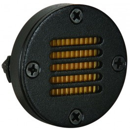 Kompakt banddiskant med svart metallhus och gyllene ribbor.