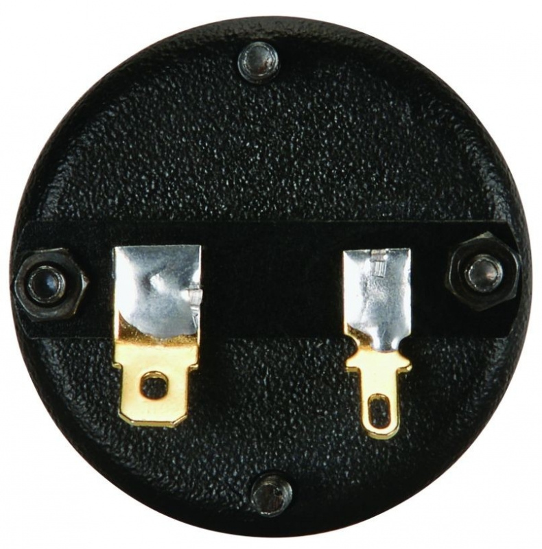 En rund, svart komponent med två kontaktstift för anslutning.