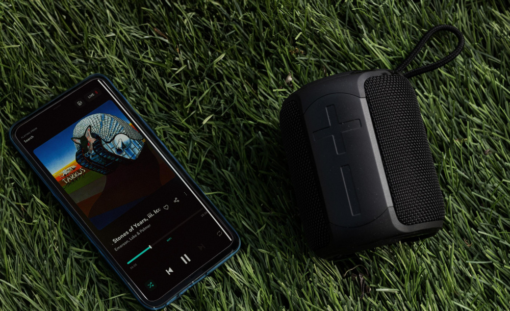 En portabel Bluetooth-högtalare bredvid en mobiltelefon på gräs.