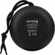 Dayton Audio Boost Mini, portabel Bluetooth-högtalare Portabel svart Bluetooth-högtalare med snodd och specifikationer på baksidan.