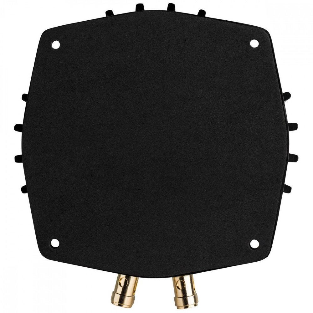 Svart bass-shaker med två anslutningar och gummifötter.