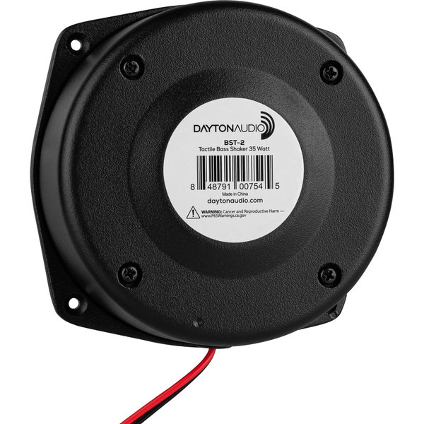 Basshaker med etikett och kablar, rund design, 35 watt.