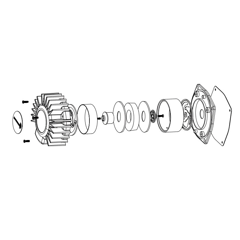 Exploderad vy av Dayton Audio BST-300EX basshaker med komponenter.