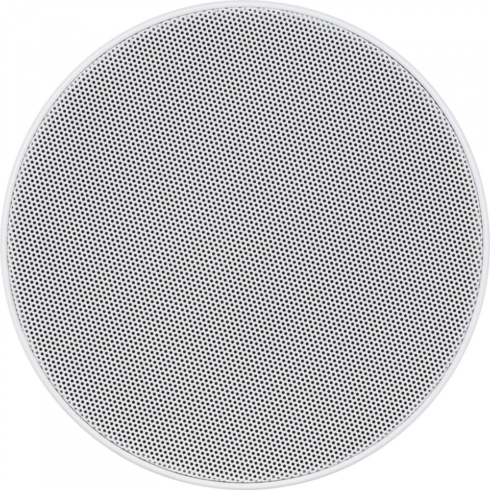 En rund vit högtalargaller med små hål för ljudgenomsläpp.