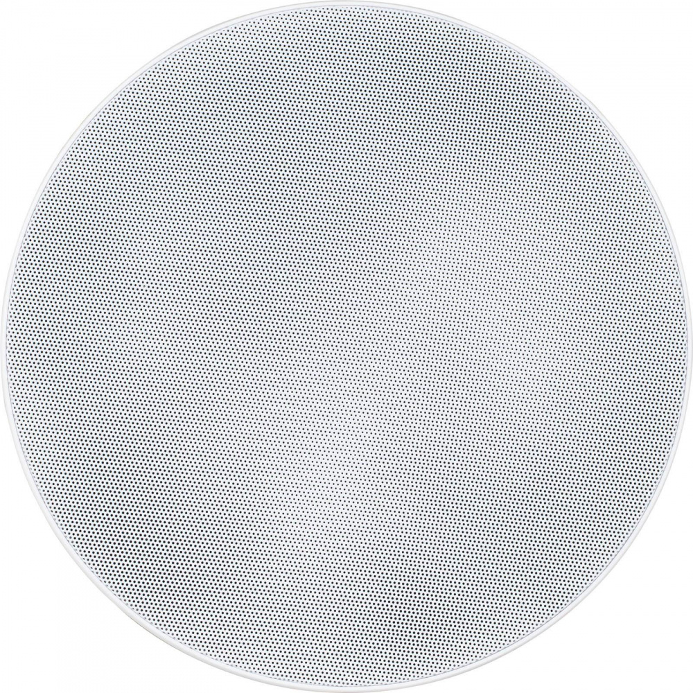 En rund, vit högtalargrill för infällnadshögtalare.