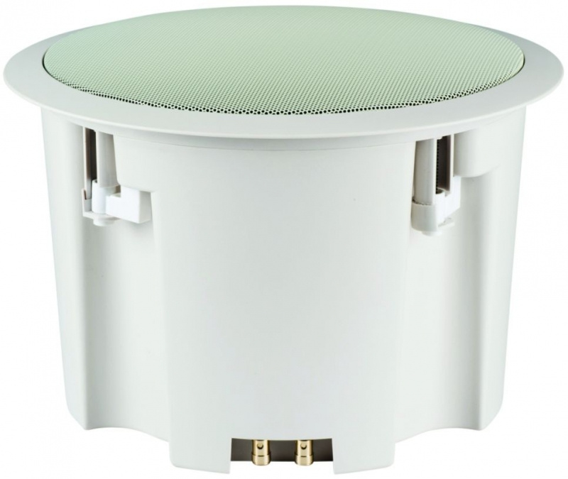 Inbyggd högtalare med vit grill och rund form.