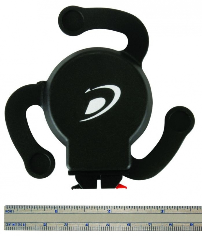 En svart vibrationshögtalare med fäste och måttskala.