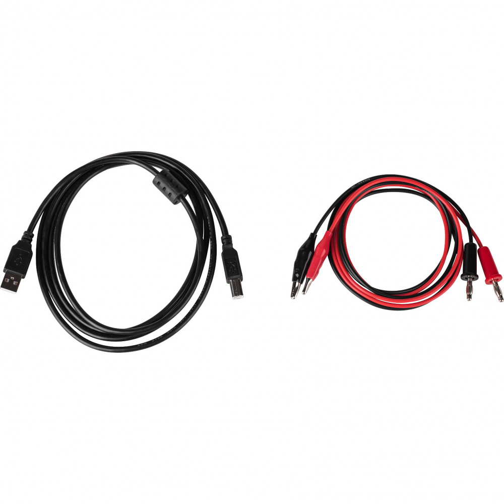 Två kablar: en USB-kabel och en kabel med krokodilklämmor.