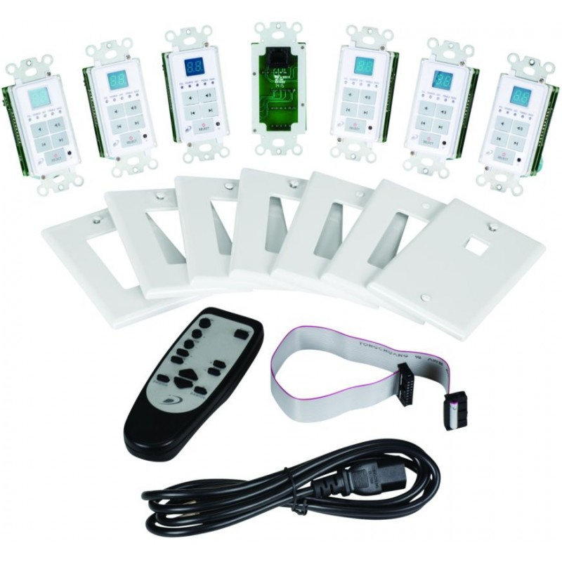 Ett komplett ljudsystem med kontroller och tillbehör för 6 zoner.