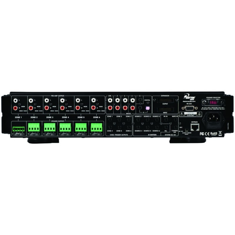 En ljuddistributör med flera zoner och anslutningar för ljudkällor.