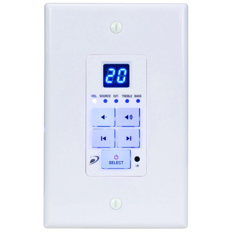 Kontrollpanel för ljudsystem med volym, ljudkällor och inställningar.