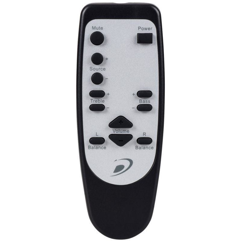 Fjärrkontroll med knappar för volym, balans och ljudinställningar.